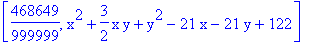 [468649/999999, x^2+3/2*x*y+y^2-21*x-21*y+122]
